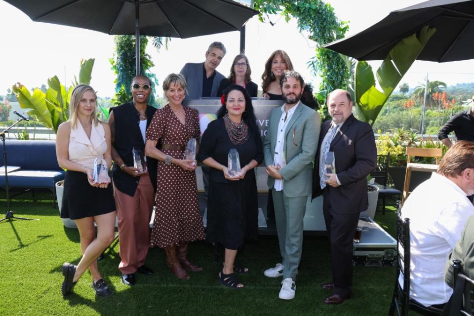 Pauline Chalamet, Lena Waithe, Wendie Malick, Jon Tenney, Cynthia Littleton, Josefina López, Robin Bronk Arian Moayed, and Jason Alexander at The Creative Coalition's Humanitarian Awards Benefit Luncheon held at the La Peer Hotel on September 14, 2023 in West Hollywood, California.