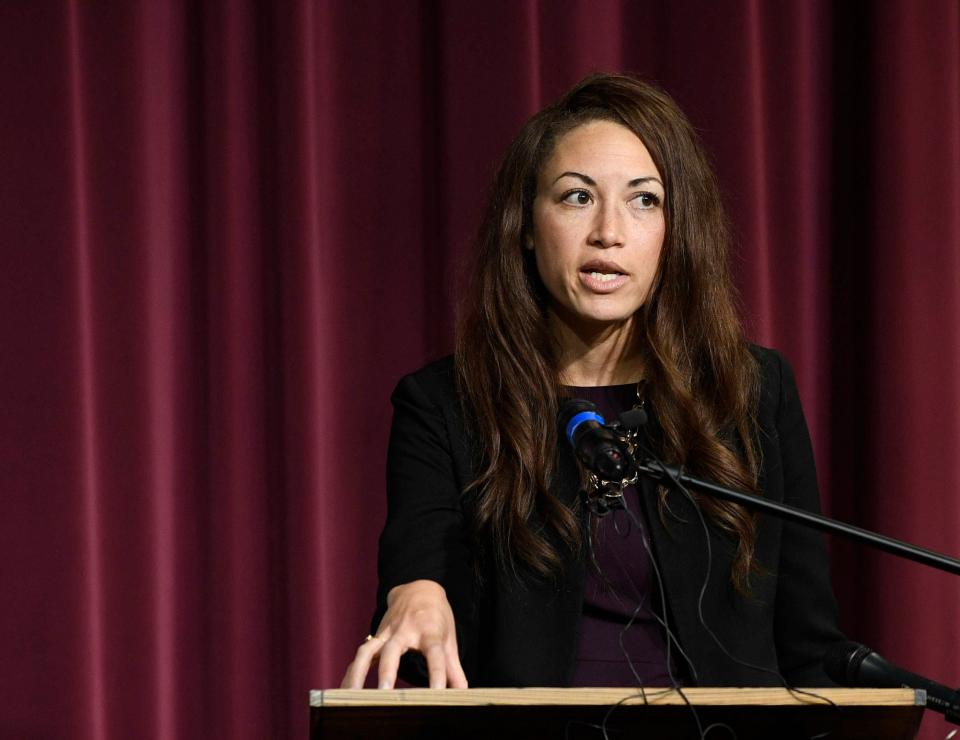 Tennessee Education Commissioner, Penny Schwinn, discuss the future of education before Tennessee Gov. Bill Lee signing the Tennessee Investment in Student Achievement plan into law, Monday, May 2, 2022 in Franklin, Tenn. at Franklin High School.