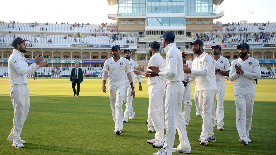 Jasprit Bumrah of India leads his team from the field at stumps on day four of the third Test match between England and India at Trent Bridge. (Photo by Gareth Copley/Getty Images)