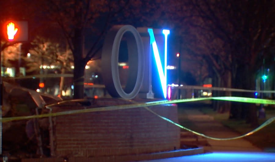 A police pursuit ended at Easton Town Center, where a wall and sign were damaged after a crash. (NBC4 Photo/Dan Hammond)