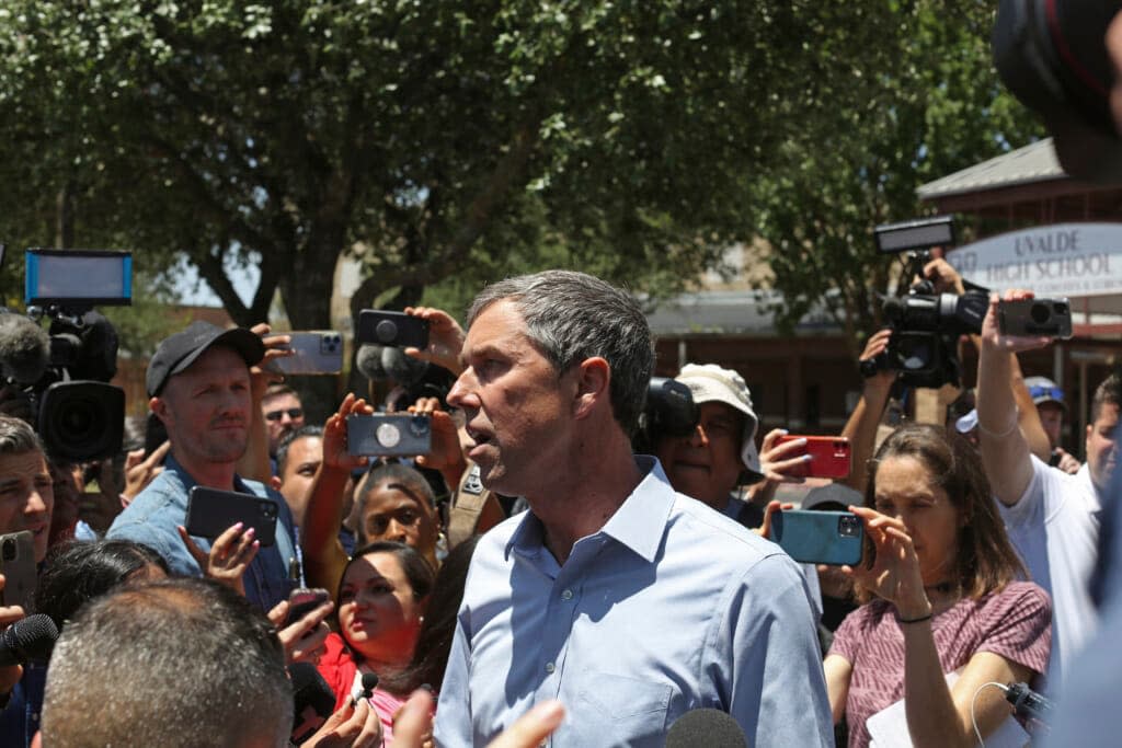 Democratic gubernatorial candidate Beto O’Rourke speaks to the press after he was kicked out for interrupting a news conference headed by Texas Gov. Greg Abbott in Uvalde, Texas Wednesday, May 25, 2022. (AP Photo/Dario Lopez-Mills)