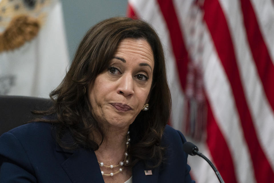 Vice President Kamala Harris speaks during a roundtable discussion with faith leaders in Los Angeles, Monday, June 6, 2022. Harris discussed challenges, including women's reproductive rights and the rise of hate. (AP Photo/Jae C. Hong)