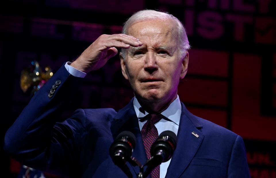 US President Joe Biden speaks onstage during Emily's List annual We Are Emily National Gala at The Anthem in Washington, DC, May 16, 2023. This year House Speaker Emerita Nancy Pelosi is being honored along with a celebration of Democratic pro-choice women bringing change to their communities and the world in elected office, and future elected women who will secure and restore women's rights. (Photo by OLIVIER DOULIERY / AFP) (Photo by OLIVIER DOULIERY/AFP via Getty Images)