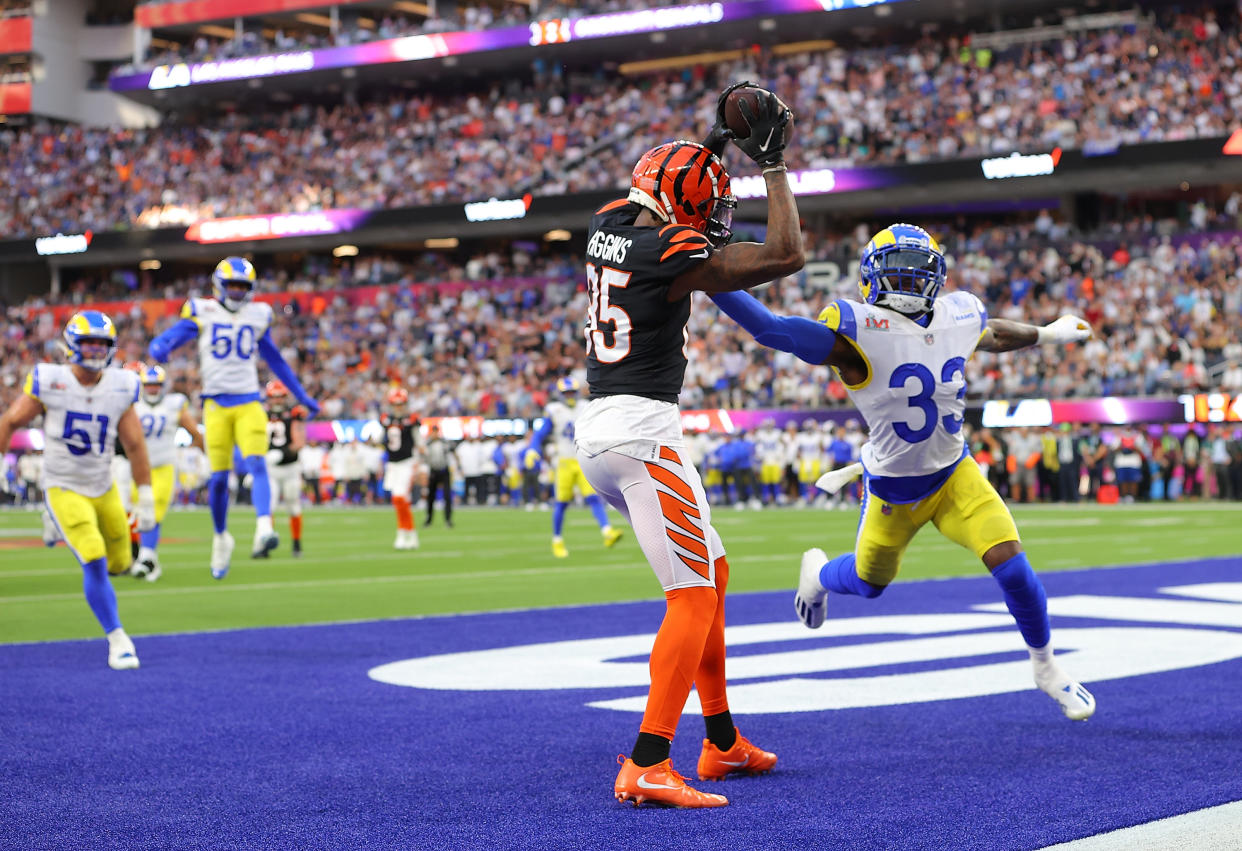 Tee Higgins caught a trick-play TD against the Los Angeles Rams during the second quarter of Super Bowl LVI. (Photo by Kevin C. Cox/Getty Images)