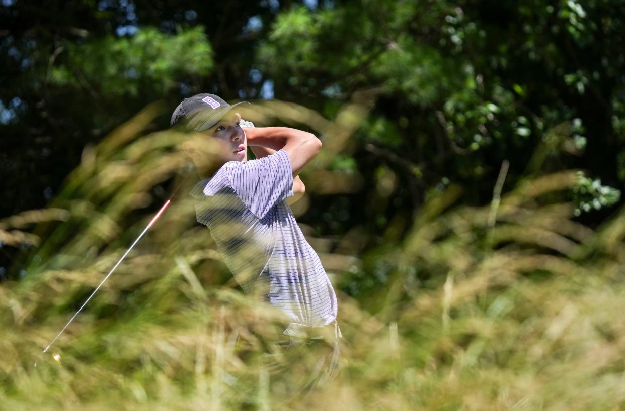 Bloomington South’s Connor Byon tees off Tuesday, June 11, 2024, during the IHSAA boys golf state final at Prairie View Golf Club in Carmel, Ind.