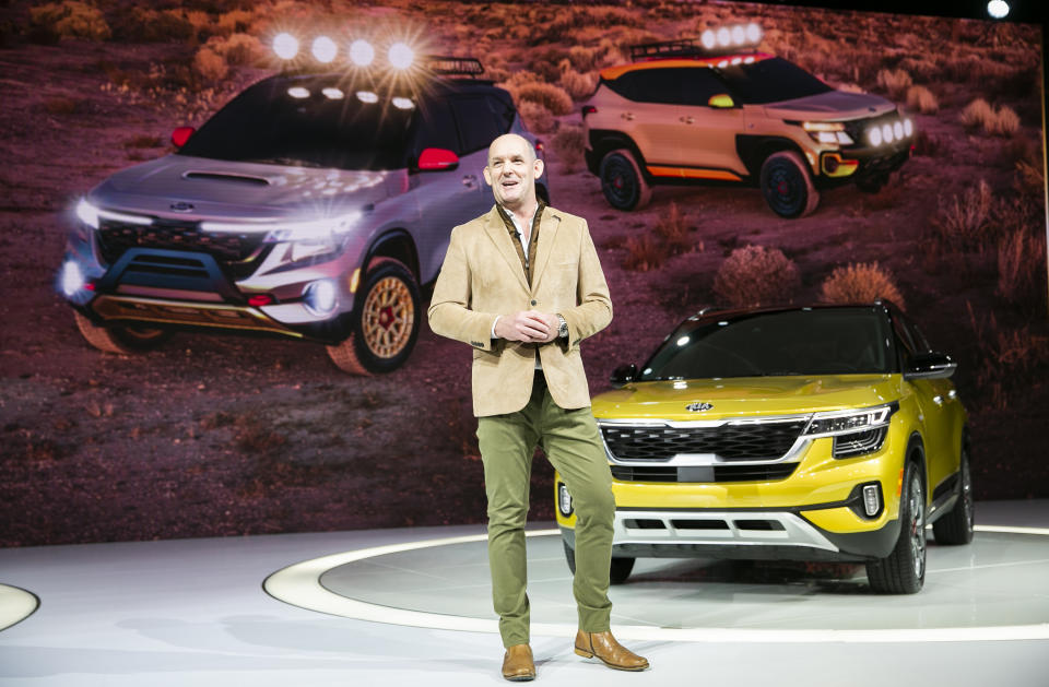 Michael Cole, president of Kia Motors America Inc., speaks after unveiling the All-New 2021 Kia Seltos X-Line concept sport utility vehicle at the AutoMobility LA Auto Show in Los Angeles, Wednesday, Nov. 20, 2019. (AP Photo/Damian Dovarganes)