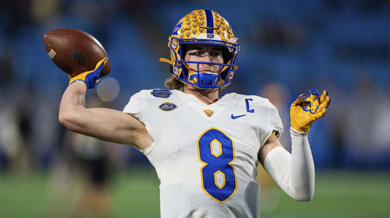 Pitt quarterback Kenny Pickett has a chance to lock up a first-round spot at the 2022 Senior Bowl. (AP Photo/Jacob Kupferman)