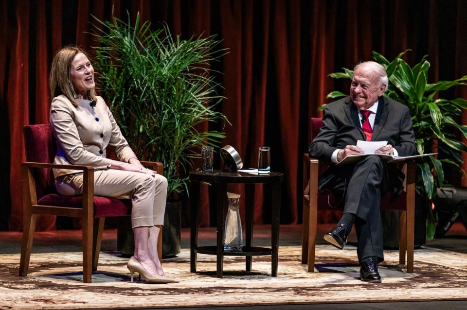 U.S. Supreme Court Justice Amy Coney Barrett speaks with Professor Robert A. Stein at Northrop Auditorium as part of the Stein Lecture Series in Minneapolis, Monday, Oct. 16, 2023 (© 2023 Star Tribune)