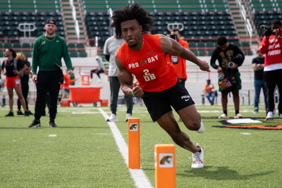 Florida A&M University football players put their skills to the test as they show off for NFL scouts during FAMU Pro Day on Thursday, March 21, 2024.