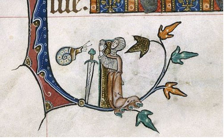 A knight praying for mercy from a large hovering snail.