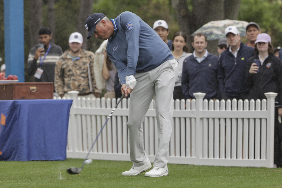 Matt Kuchar tees off during the final round of the PNC Championship golf tournament Sunday, Dec. 17, 2023, in Orlando, Fla. (AP Photo/Kevin Kolczynski)