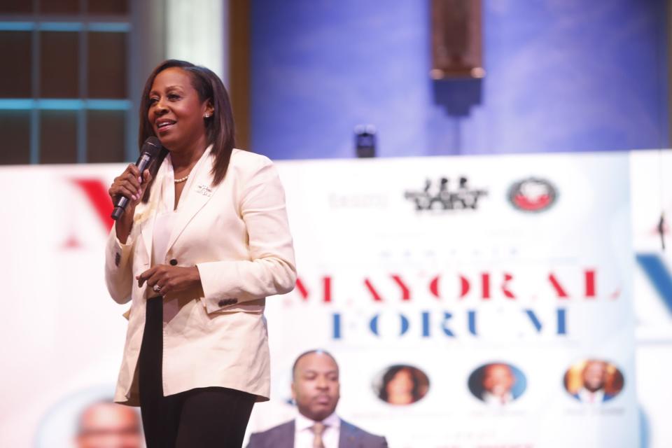 Mississippi Boulevard Christian Church hosts a Memphis mayoral forum on July 22, 2023, in partnership with 100 Black Men of Memphis, Black Clergy Collaborative of Memphis and the Ben F. Jones Chapter of the National Bar. Mayoral candidate Michelle McKissack tells the audience information about her background.