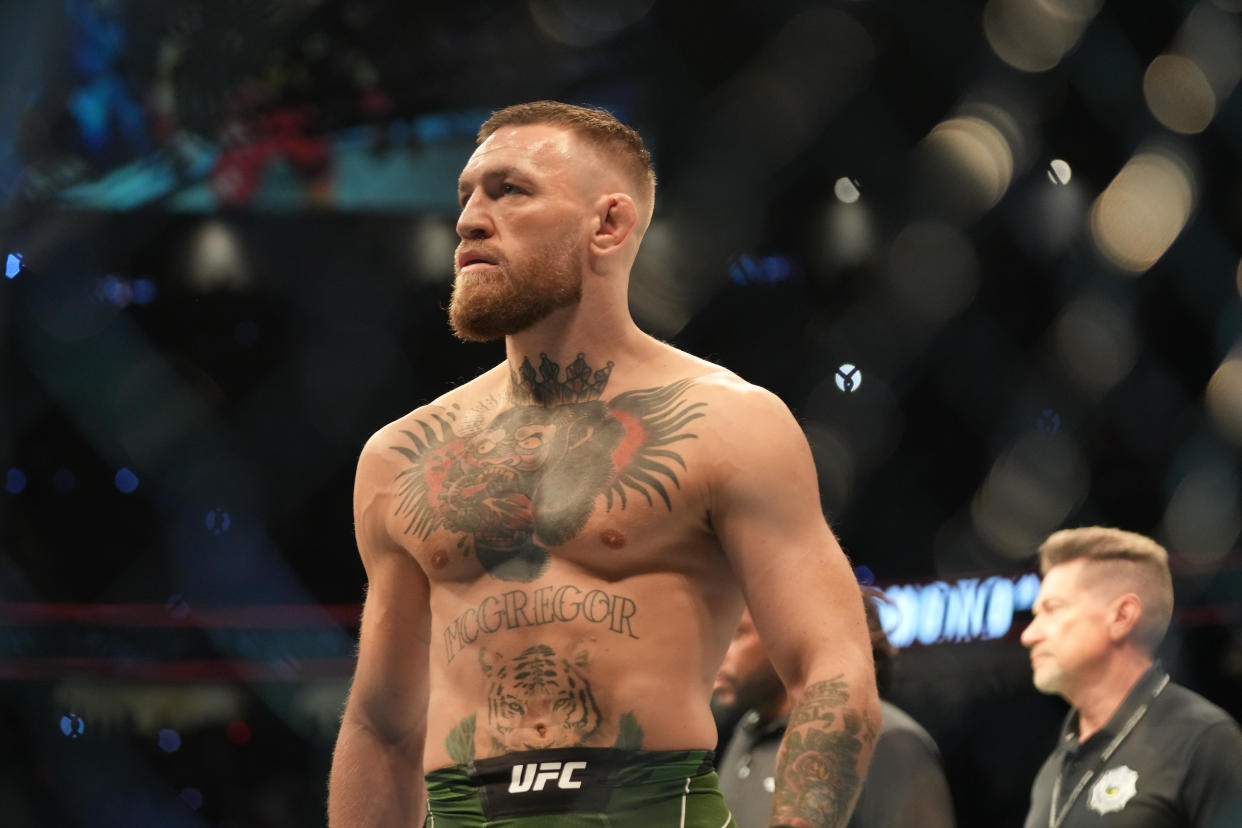 LAS VEGAS, NV - JULY 10: Conor McGregor prepares to fight Dustin Poirier in their lightweight bout during UFC 264 at T-Mobile Arena on July 10, 2021, in Las Vegas, Nevada, United States. (Photo by Louis Grasse/PxImages/Icon Sportswire via Getty Images)