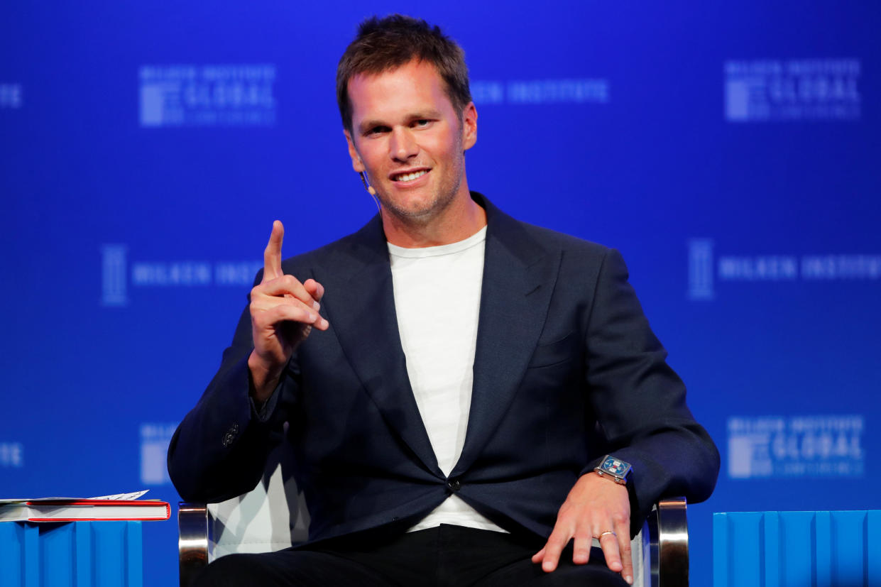 Tom Brady, Quarterback, New England Patriots, and Founder of TB12, speaks at the Milken Institute 21st Global Conference in Beverly Hills, California, U.S., April 30, 2018.    REUTERS/Mike Blake