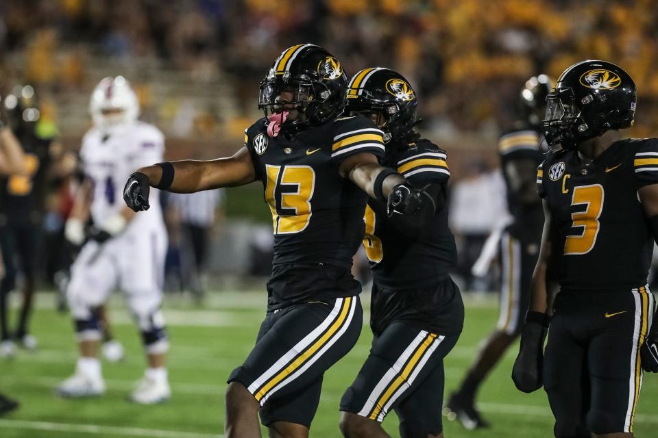 Missouri defensive back Daylan Carnell (13) celebrates after getting a big third-down tackle during the second half of the Tigers' game against Louisiana Tech on Thursday, Sept. 1, 2022, at Faurot Field.