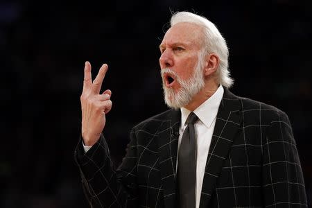 Feb 12, 2017; New York, NY, USA; San Antonio Spurs head coach Gregg Popovich shouts instructions during the second half against the New York Knicks at Madison Square Garden. Mandatory Credit: Adam Hunger-USA TODAY Sports