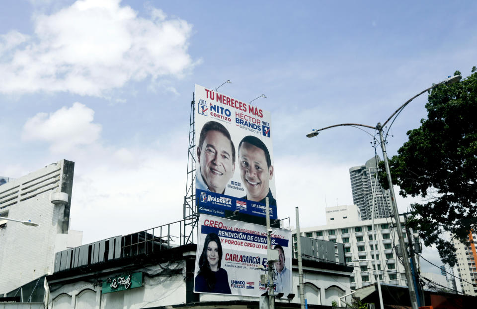 This April 28, 2019 photo shows a billboard promoting presidential frontrunner Laurentino Cortizo of the Revolutionary Democratic Party, PRD, in Panama City. Voter discontent could translate into a return to power for PRD for the third time since the fall of Gen. Manuel Noriega in 1989, after it lost the last two presidential elections. (AP Photo/Arnulfo Franco)