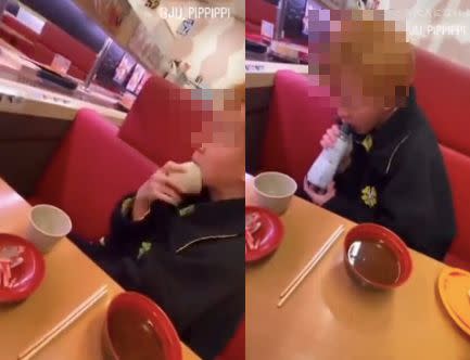 ▲日本一名年僅17歲的男高中生，近日前往連鎖餐廳壽司郎用餐，趁著店員不注意狂舔桌上的公用醬油罐，還用手指沾口水觸碰轉盤上的壽司。（圖／翻攝自推特）