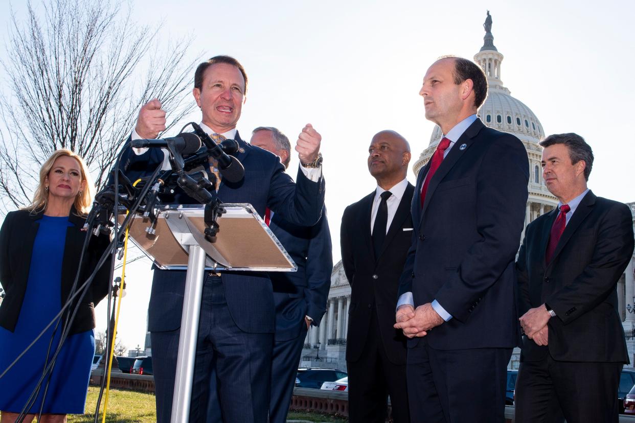 Louisiana Attorney General Jeff Landry at a Jan. 22, 2020, news conference where it was announced that Republican attorneys general from 21 states submitted a letter to the Senate to reject the two articles of impeachment against President Donald Trump.  (Photo: Cliff Owen/ASSOCIATED PRESS)