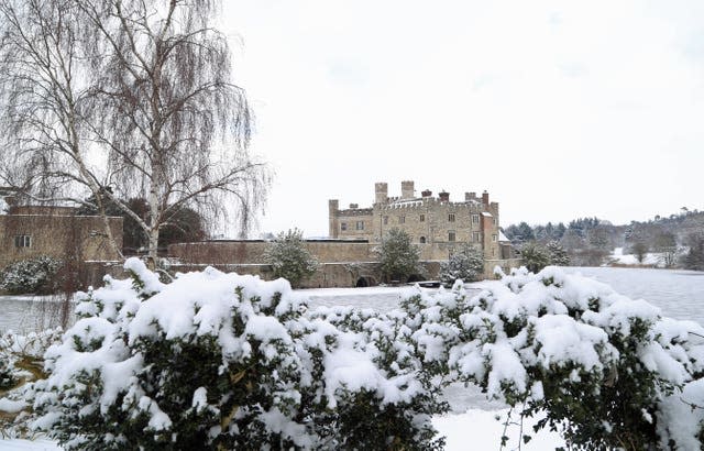 Leeds Castle in Kent, where the moat has frozen over 