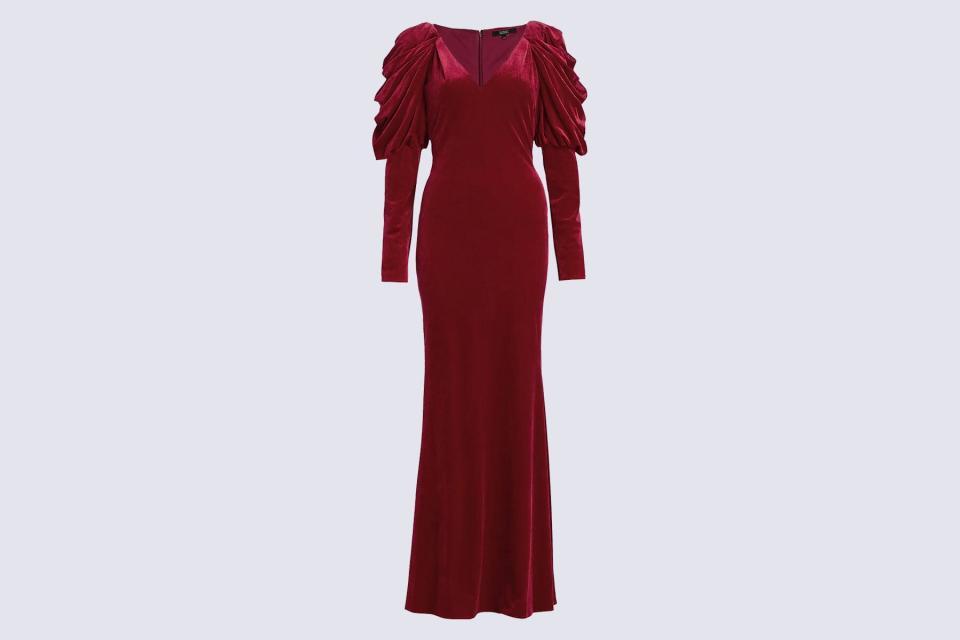 Badgley Mischka Draped-Sleeve Velvet Gown in Red