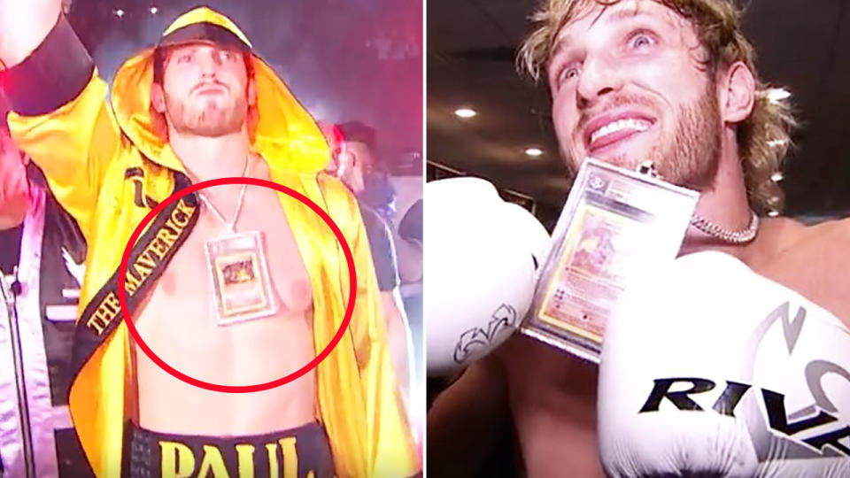 Logan Paul, pictured here wearing a $300,000 Charizard card around his neck.