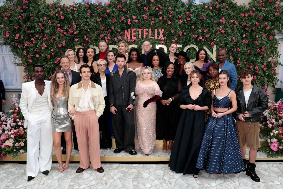 (L-R) Victor Alli, Hannah Dodd, Tom Verica, Jessica Madsen, Harriet Cains, Emma Naomi, Ruth Gemmell, Luke Thompson, Betsy Beers, Sam Phillips, Luke Newton, Joanna Bobin, Simone Ashley, Dominic Coleman, Nicola Coughlan, Golda Rosheuvel, Shonda Rhimes, Hannah New, Adjoa Andoh, Jess Brownell, Claudia Jessie, Kathryn Drysdale, Nne Ebong, Daniel Francis and Florence Hunt attend the special screening of "Bridgerton" Season 3 - Part Two at Odeon Luxe Leicester Square on June 12, 2024 in London, England.