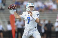 Buffalo quarterback Kyle Vantrease (7) looks to pass during the first half of a NCAA college football game against Coastal Carolina in Buffalo, N.Y. on Saturday, Sept. 18, 2021. (AP Photo/Joshua Bessex)