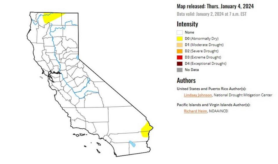 California is 100% drought-free. “Abnormally dry” conditions are located in both the northernmost and southernmost portions of the state including Siskiyou, Modoc, San Bernardino and Riverside and counties.