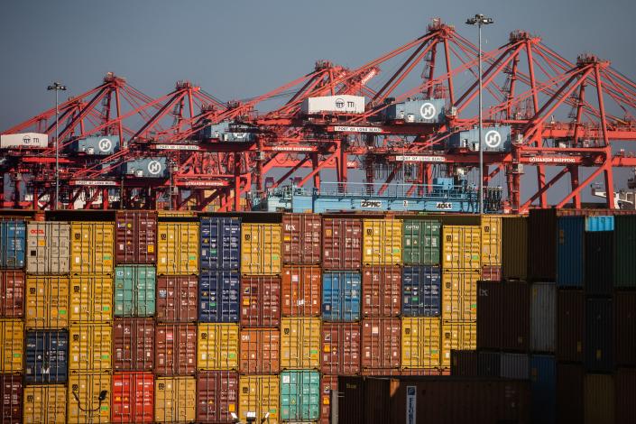  Gantry cranes and shipping containers are seen at the Port of Long Beach in Long Beach, California, November 17, 2021. (Photo by APU GOMES/AFP via Getty Images)