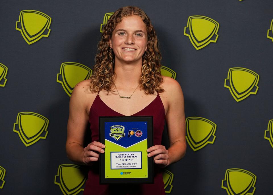 Girls soccer: Noblesville's Ava Bramblett Award poses for a photo during the Indiana High School Sports Awards on Wednesday, April 19, 2023 at Clowes Memorial Hall in Indianapolis.