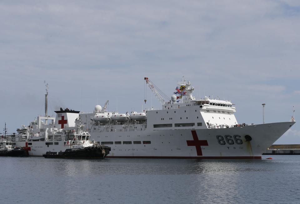 Chinese navy hospital ship "The Peace Ark" arrives at the port in la Guaira, Venezuela, Saturday, Sept. 22, 2018. The stop by the People's Liberation Army Navy's ship is the latest in an 11-nation "Mission Harmony" tour and will provide free medical treatment for Venezuelans. (AP Photo/Ariana Cubillos)