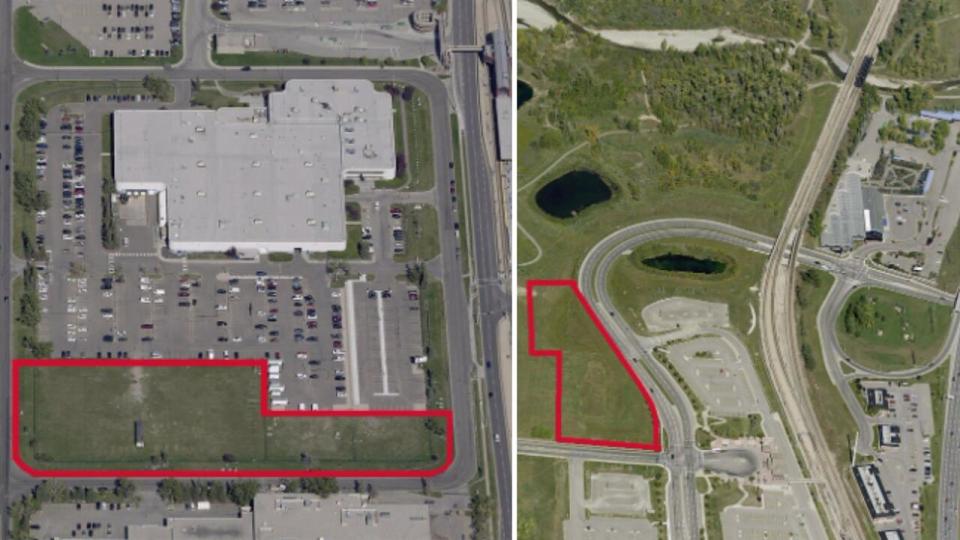 Two screenshots from the City of Calgary's website show where the city-owned land will be leased for housing. One in the northeast adjacent to the Whitehorn Multi Services Building, left, and one located off of 6 Street southwest, right.