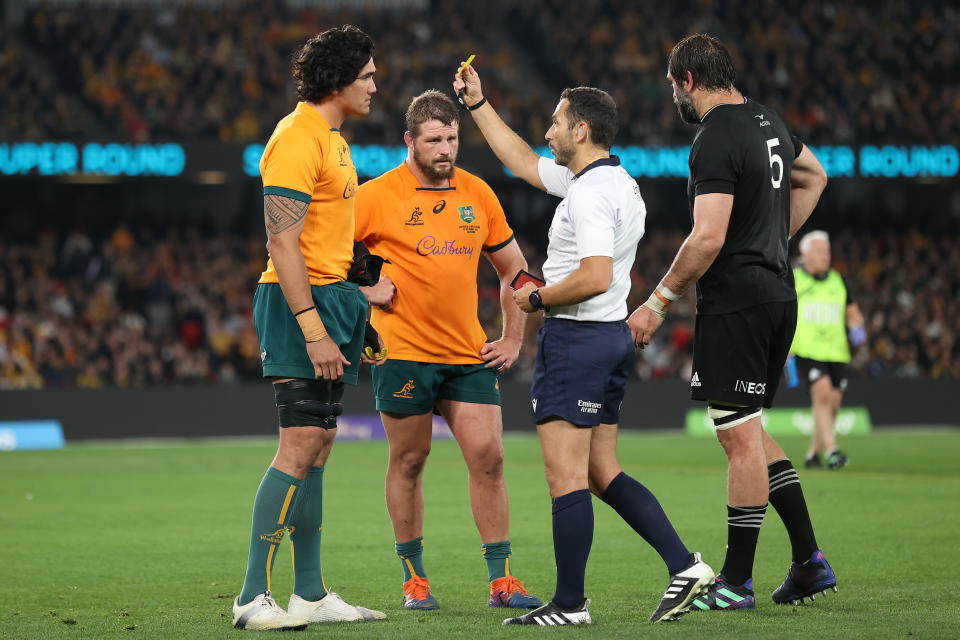 Darcy Swain, pictured here being given a yellow card for the incident in the Bledisloe Cup.