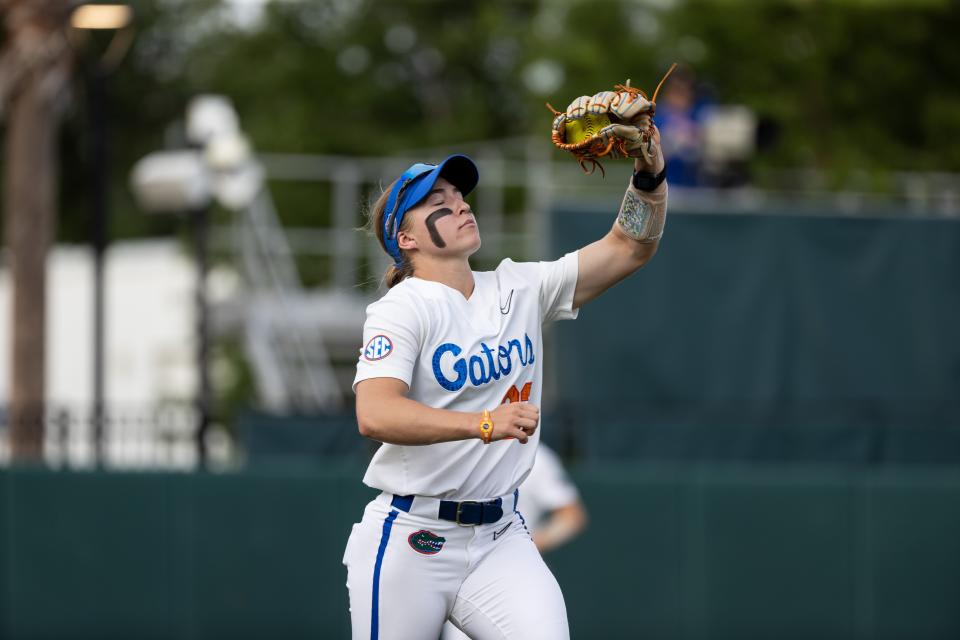 Florida Gators outfielder Korbe Otis (33) catches a fly ball for an out against the Texas A&M Aggies during the game at Katie Seashole Pressly Stadium at the University of Florida in Gainesville, FL on Friday, May 3, 2024. Matt Pendleton/Gainesville Sun