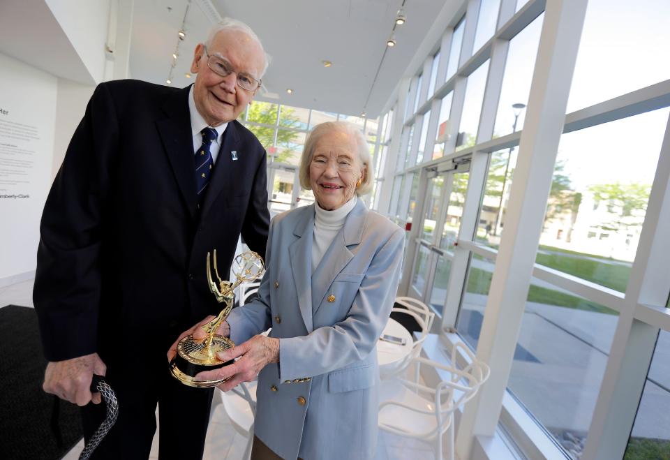 Dr. Monroe and Sandra Trout with their regional Emmy award at the Trout Museum of Art  on Wednesday, May 5, 2021, in Appleton, Wis.