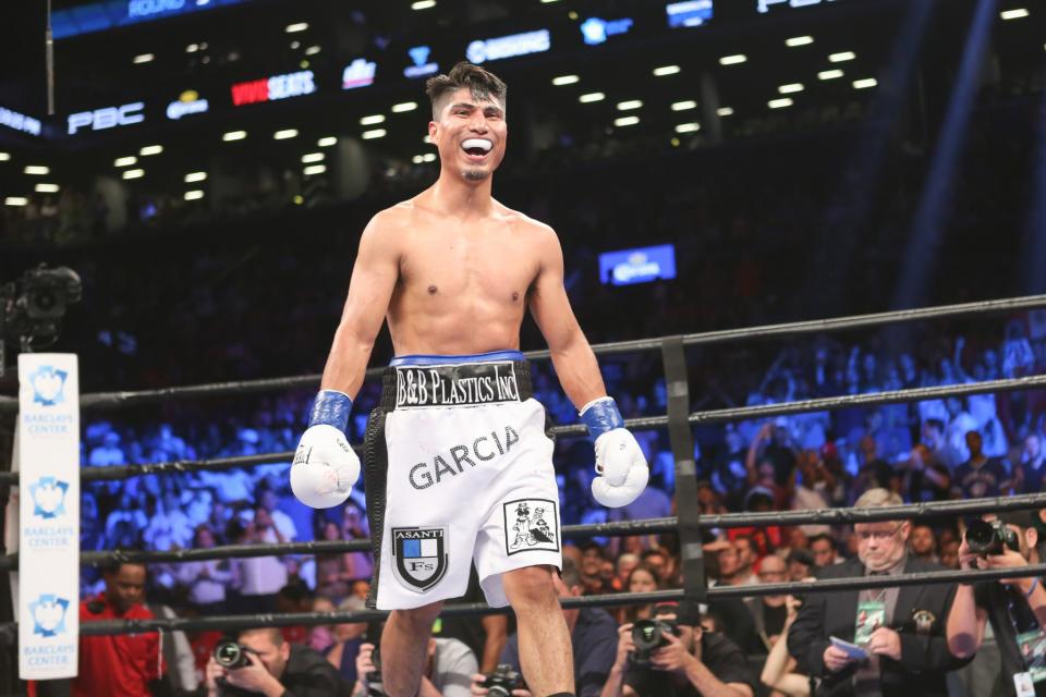 Mikey Garcia reacts after he wins his fight against Elio Rojas at the Barclays Center in the Brooklyn borough of New York on Saturday, July 30, 2016. Mikey Garcia won via knockout.