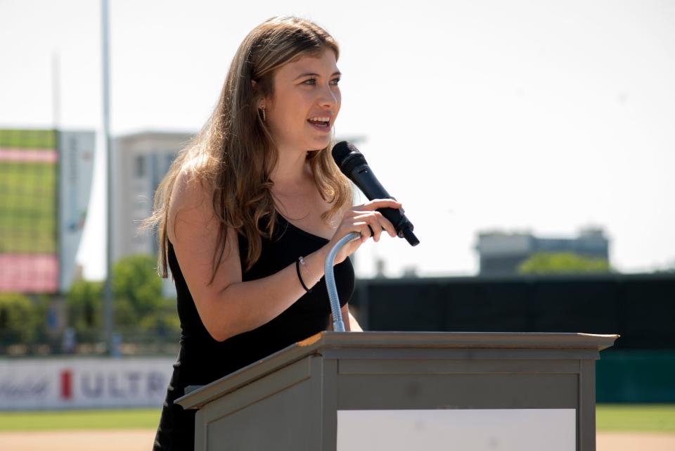 Stockton Scholar participant and UCLA graduate Angela Estrada speaks at the Rooted Rising event at the Stockton Ballpark in downtown Stockton on June 17, 2023.