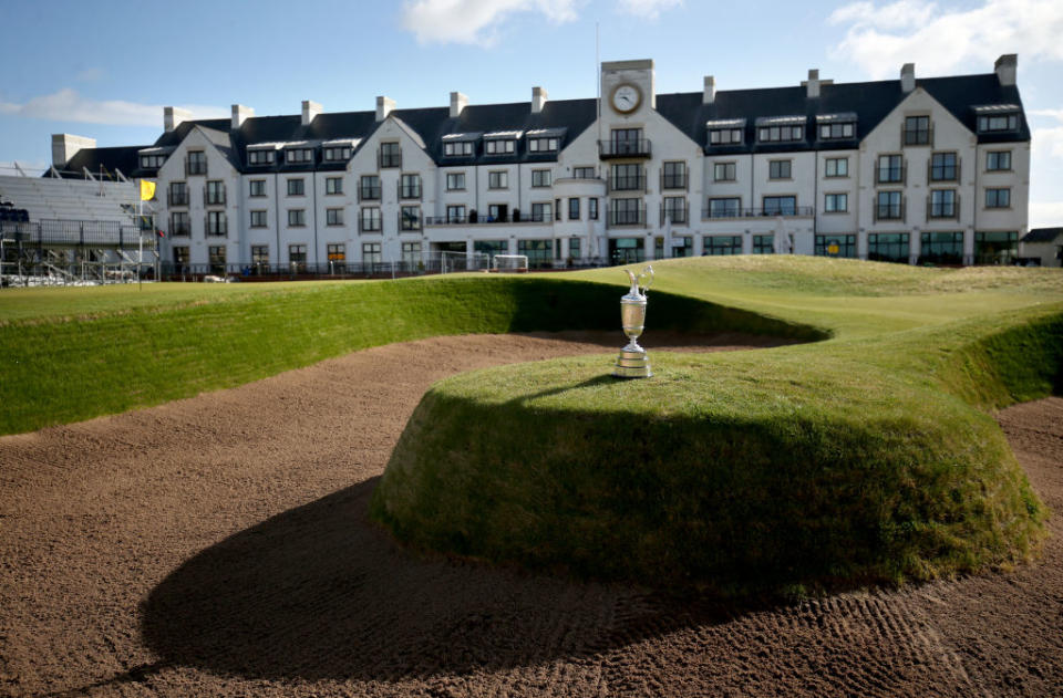 Carnoustie Golf Links, with the Claret Jug in the foreground. (Getty)