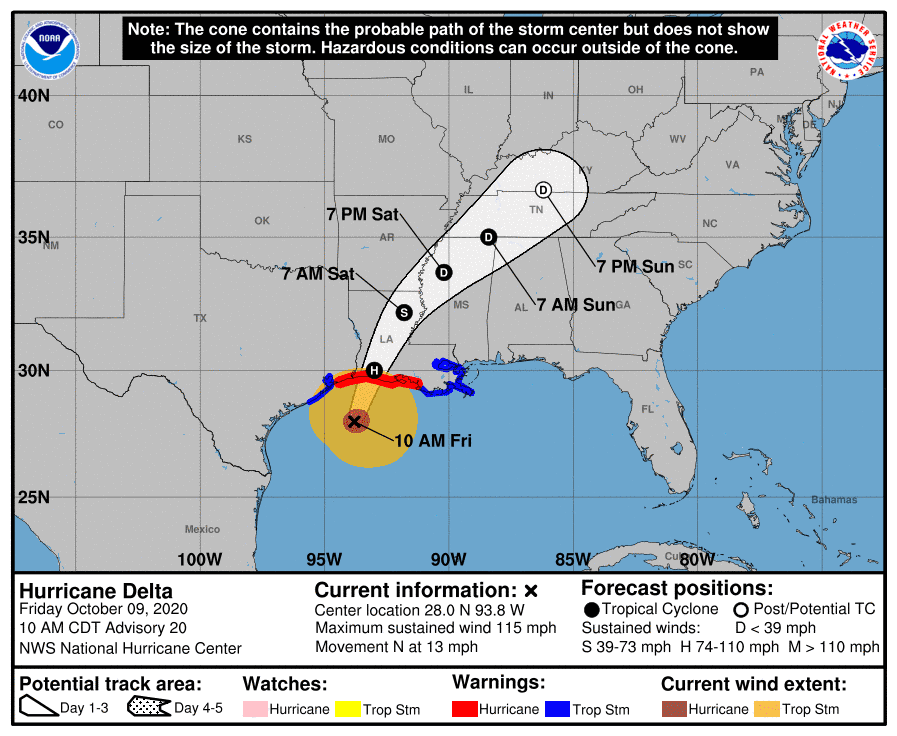 Hurricane Delta's projected path as of 10 a.m. EDT Oct. 9, 2020.