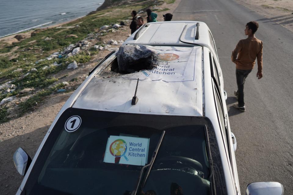 A car used by US-based aid group World Central Kitchen that was hit by an Israeli strike the previous day in Deir al-Balah in the central Gaza Strip on April 2, 2024.