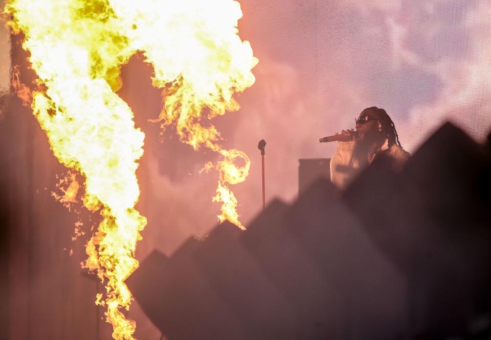 Burna Boy performs on the Coachella Stage at the Coachella Valley Music and Arts Festival in Indio, Calif., Friday, April 14, 2023. 