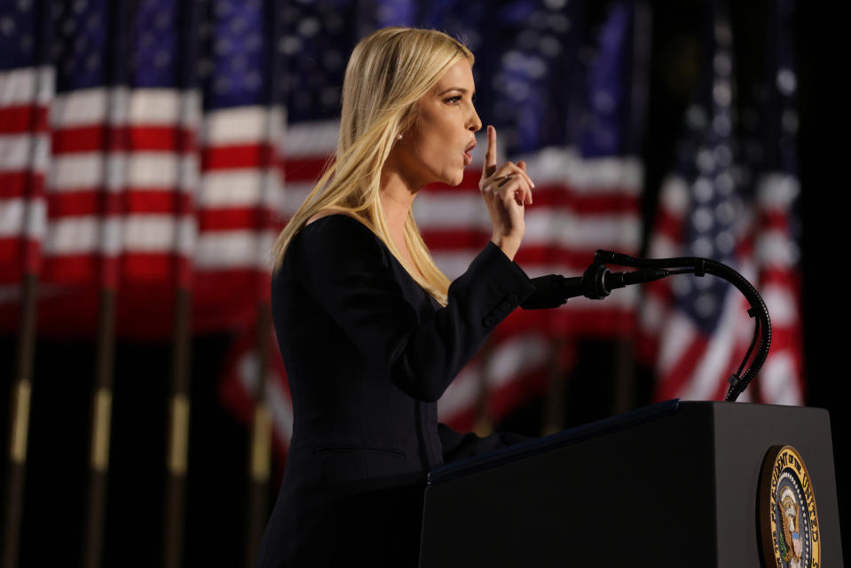 WASHINGTON, DC - AUGUST 27: Ivanka Trump, daughter of U.S. President Donald Trump and White House adviser, addresses attendees as Trump prepares to deliver his acceptance speech for the Republican presidential nomination on the South Lawn of the White House on August 27, 2020 in Washington, DC. President Trump is scheduled to deliver the speech in front of 1500 invited guests. (Photo by Alex Wong/Getty Images)