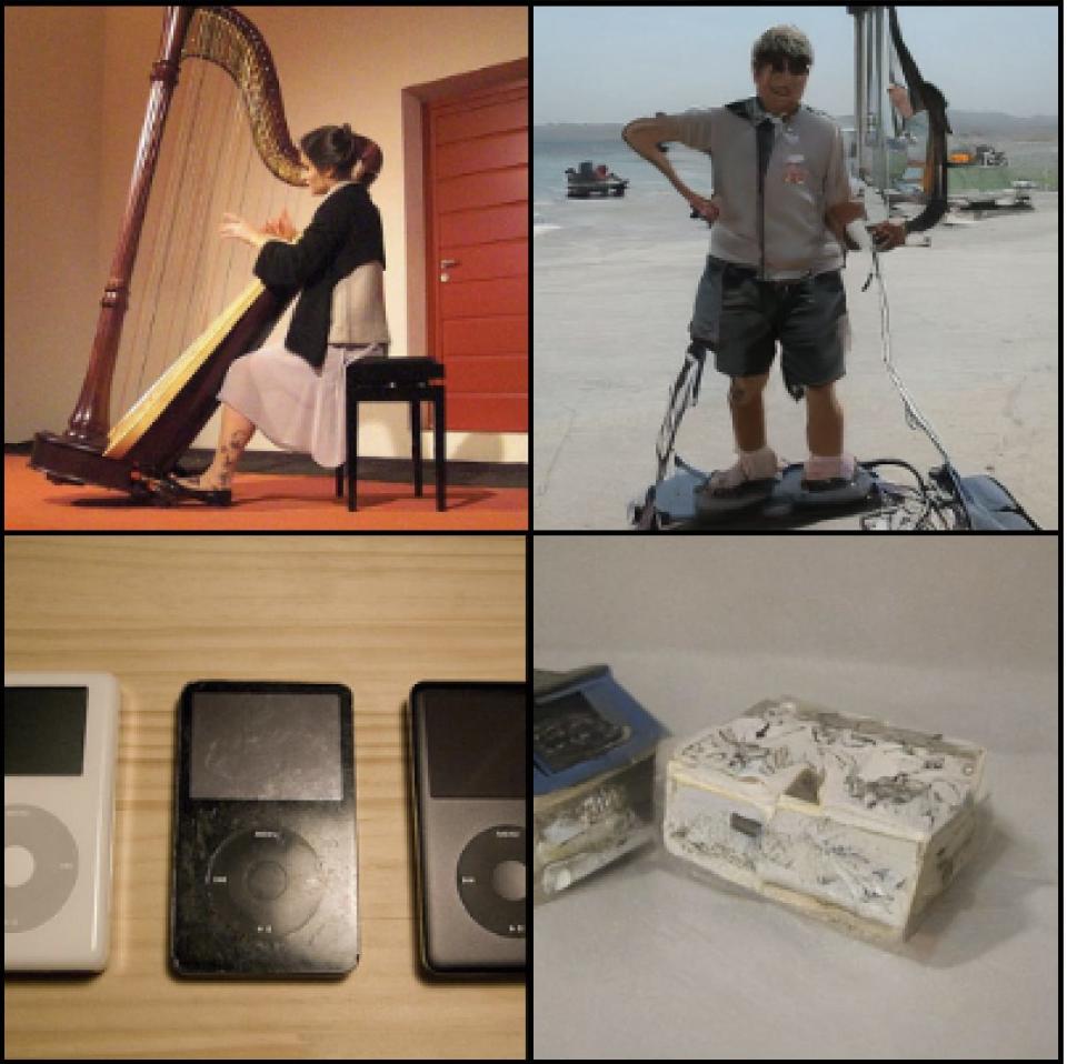 Photo of a person playing the harp (top left), and photo of three iPods (bottom left), alongside photos generated by AI from human brain waves.