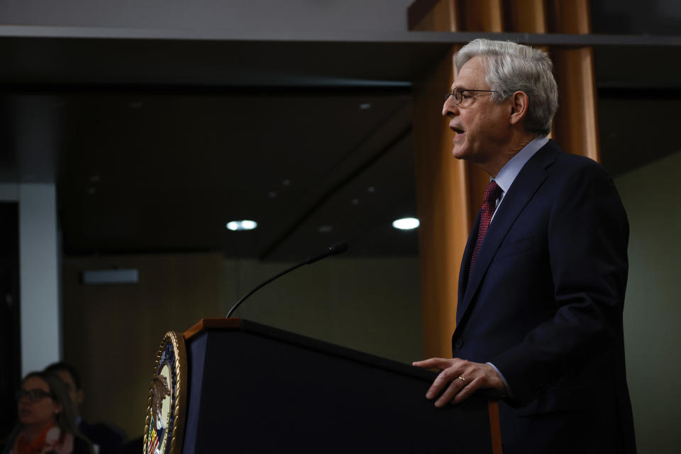 WASHINGTON, DC - NOVEMBER 21: U.S. Attorney General Merrick Garland speaks during a press conference at the U.S. Department of Justice Building on November 21, 2023 in Washington, DC. Garland held a press conference to announce new crypto enforcement actions against Binance, which has pleaded guilty to money laundering charges in the United States.  (Photo by Anna Moneymaker/Getty Images)