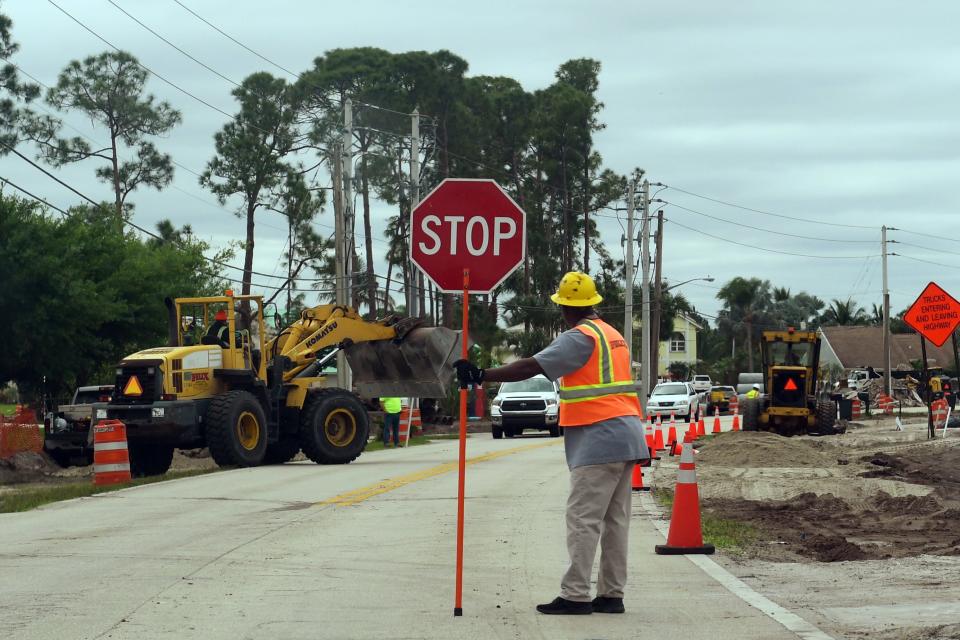 Construction crews continue working on widening Floresta Drive south of Port St. Lucie Boulevard on Thursday, March 4, 2021, in Port St. Lucie. The road improvements are being funded by a voter-approved half-cent sales tax. The Floresta Drive improvements include adding roundabouts, more traffic signals, landscaping, lighting, sidewalks and bicycle lanes from Southbend Boulevard to Elkcam Waterway Bridge.