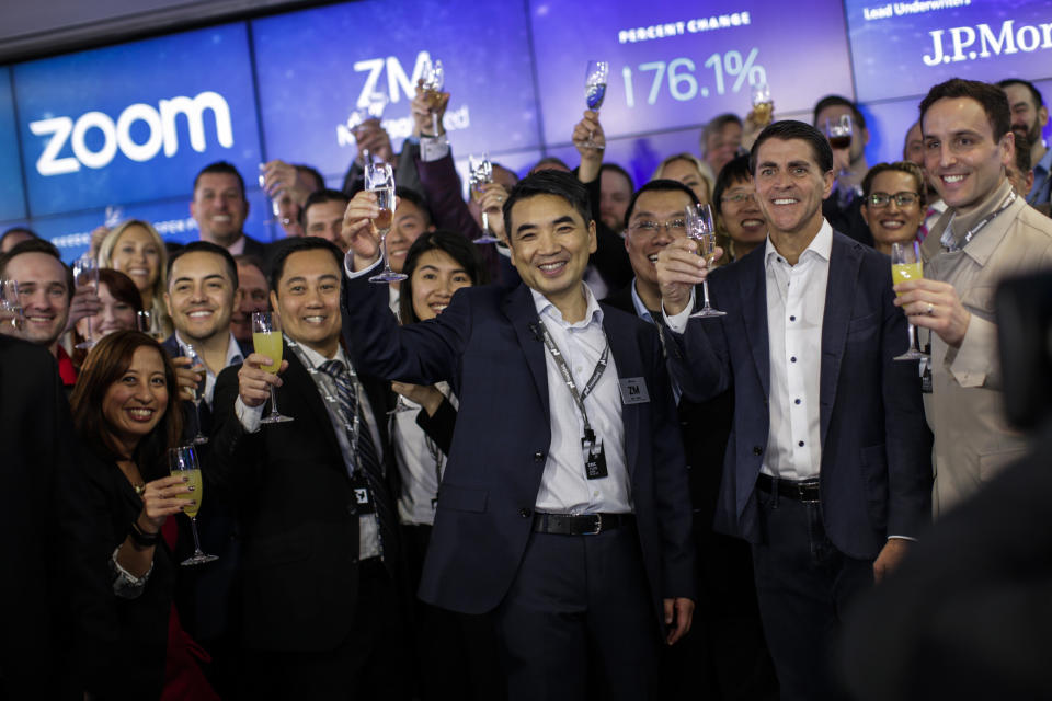 NEW YORK, NY - APRIL 18: Zoom founder Eric Yuan make a toast after the Nasdaq opening bell ceremony on April 18, 2019 in New York City. The video-conferencing software company announced it's IPO priced at $36 per share, at an estimated value of $9.2 billion. (Photo by Kena Betancur/Getty Images)