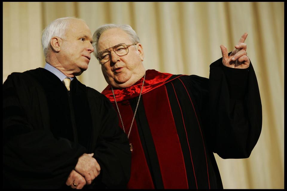 <p>McCain and Rev. Jerry Falwell at Liberty University's graduation ceremony in Lynchburg, Virginia in May 2006.</p>