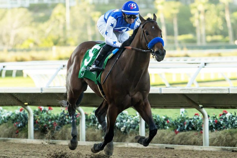 Bob Baffert-trained 2-year-old Nysos is all alone at the finish of Sunday's Bob Hope Stakes at Del Mar. Benoit Photography, courtesy of Del Mar Thoroughbred Club