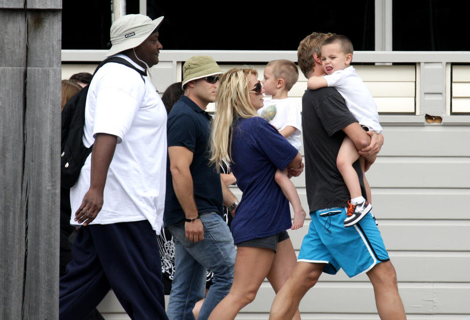 SYDNEY, AUSTRALIA - NOVEMBER 15:  (EUROPE AND AUSTRALASIA OUT) Britney Spears is seen with her manager and current boyfriend Jason Trawick and her children Sean Preston and Jayden James as they board MV Oscar in Woolloomooloo, Sydney on November 15, 2009 in Sydney, Australia. (Photo by Jim Trifyllis/Newspix/Getty Images)